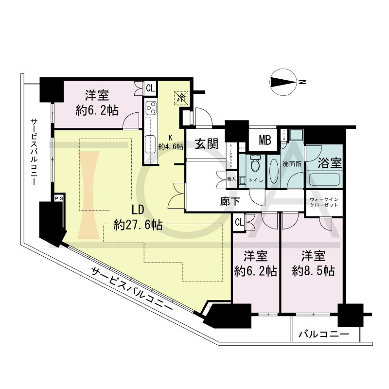 ジークレフ新神戸タワーの間取り図 1邸のみ 南東角住戸
3LDK 専有面積120.23m2
バルコニー面積4.55m2
サービスバルコニー面性22.35m2