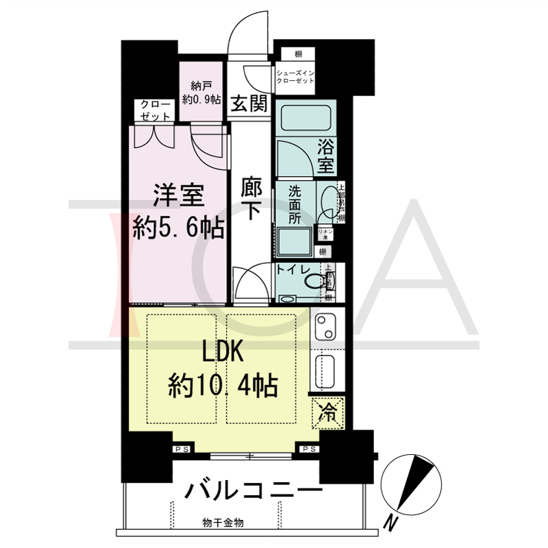 シティタワー神戸三宮の間取り図 北向き住戸
1LDK+N+SIC
専有面積43.50m2
バルコニー面積7.91m2
