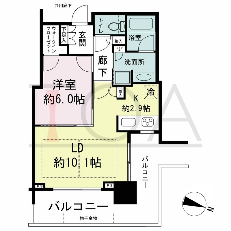 シティタワー神戸三宮の間取り図 東向き住戸
1LDK+WIC 専有面積45.34m2
バルコニー面積16.39m2