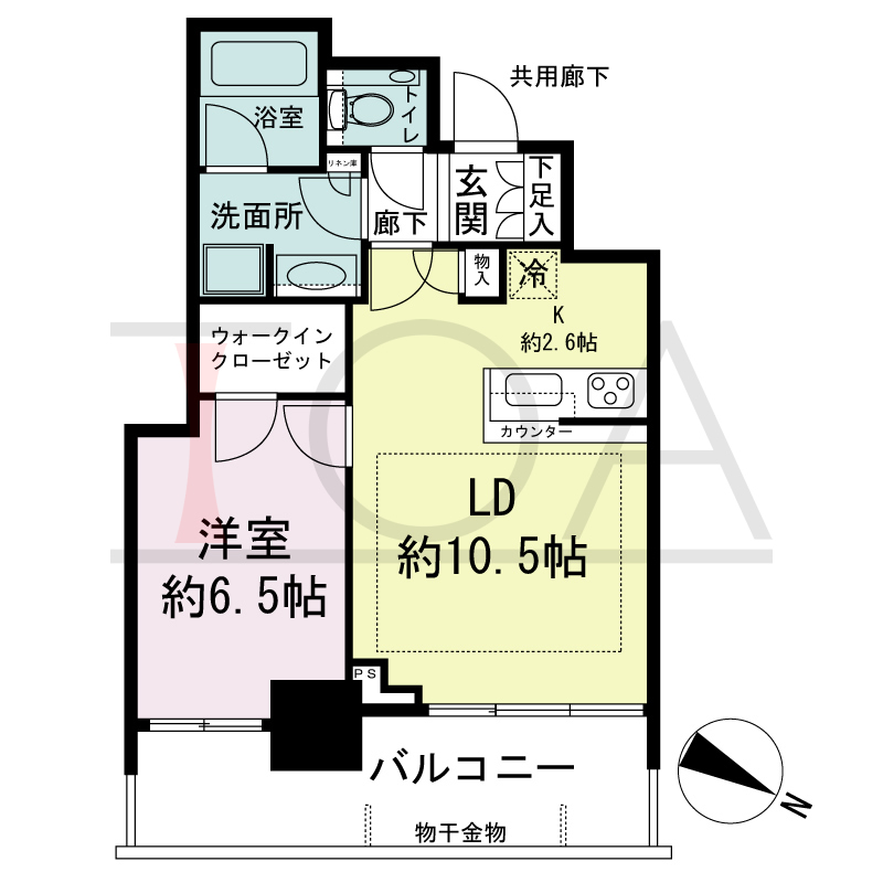 シティタワー神戸三宮の間取り図 東向き住戸
1LDK+WIC 専有面積45.52m2
バルコニー面積10.89m2