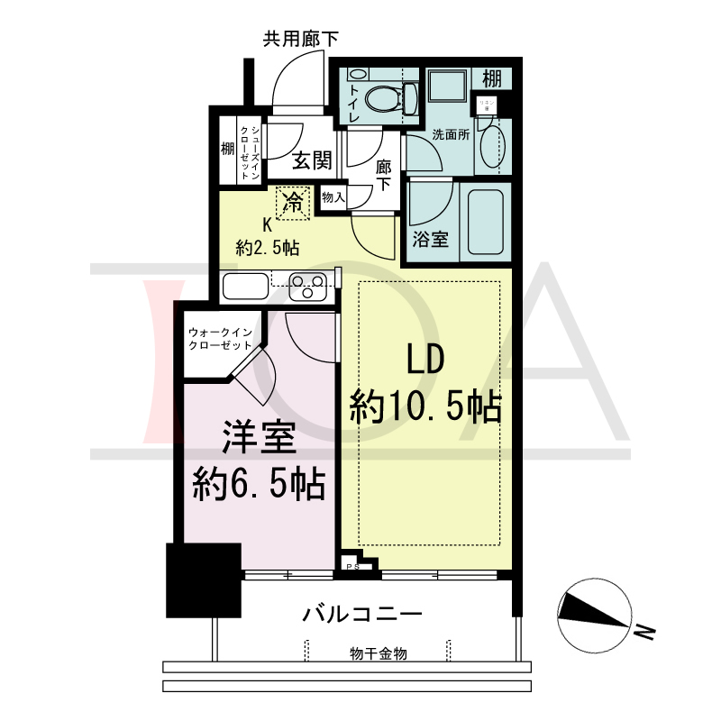 シティタワー神戸三宮の間取り図 東向き住戸
1LDK+WIC+SIC
専有面積45.91m2
バルコニー面積8.82m2