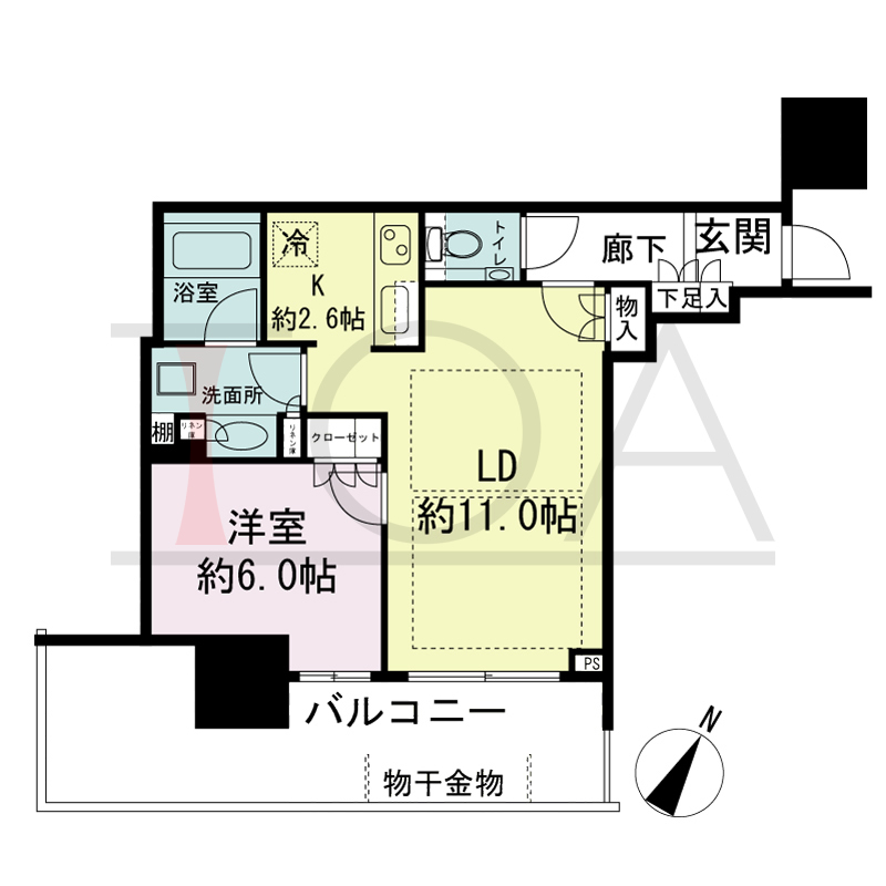 シティタワー神戸三宮の間取り図 南向き住戸
1LDK 専有面積46.36m2
バルコニー面積15.15m2