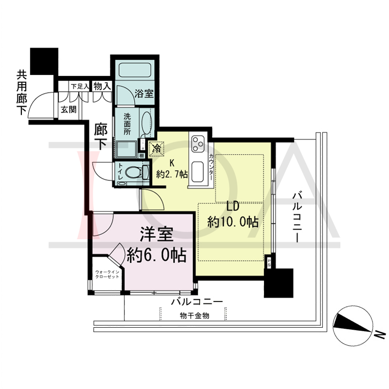 シティタワー神戸三宮の間取り図 北東角住戸
1LDK+WIC 専有面積46.92m2
バルコニー面積19.97m2