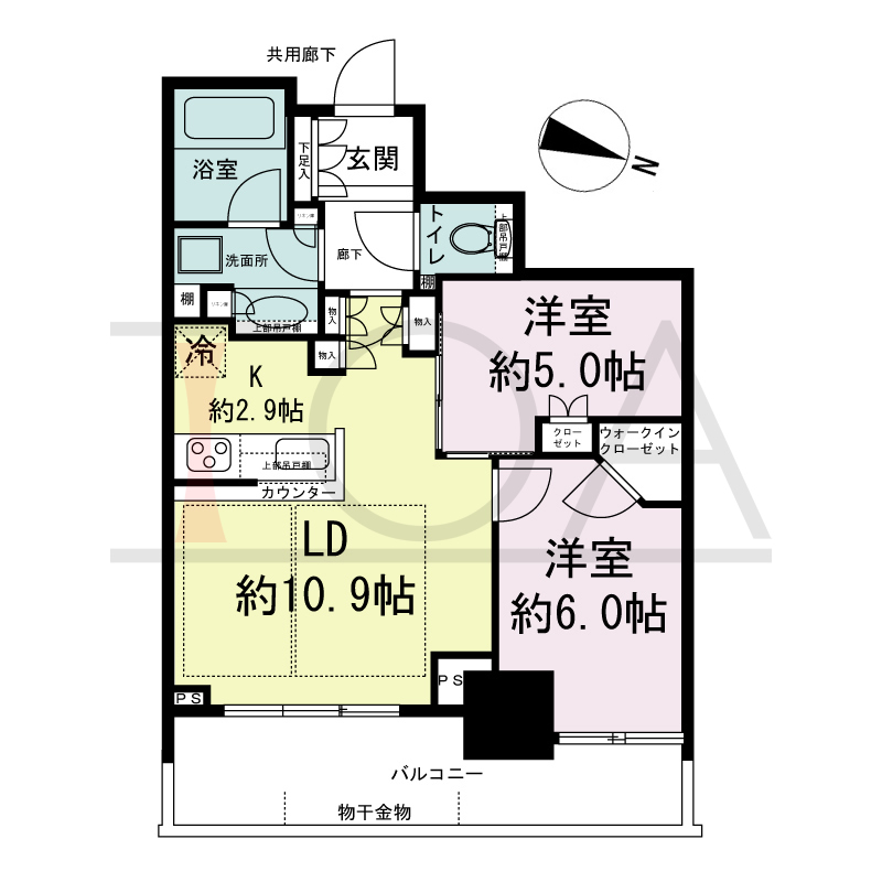 シティタワー神戸三宮の間取り図 東向き住戸
2LDK+WIC 専有面積55.04m2
バルコニー面積11.52m2