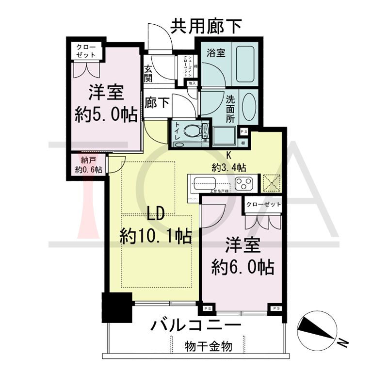 シティタワー神戸三宮の間取り図 東向き住戸
2LDK+N+SIC
専有面積55.34m2
バルコニー面積9.05m2