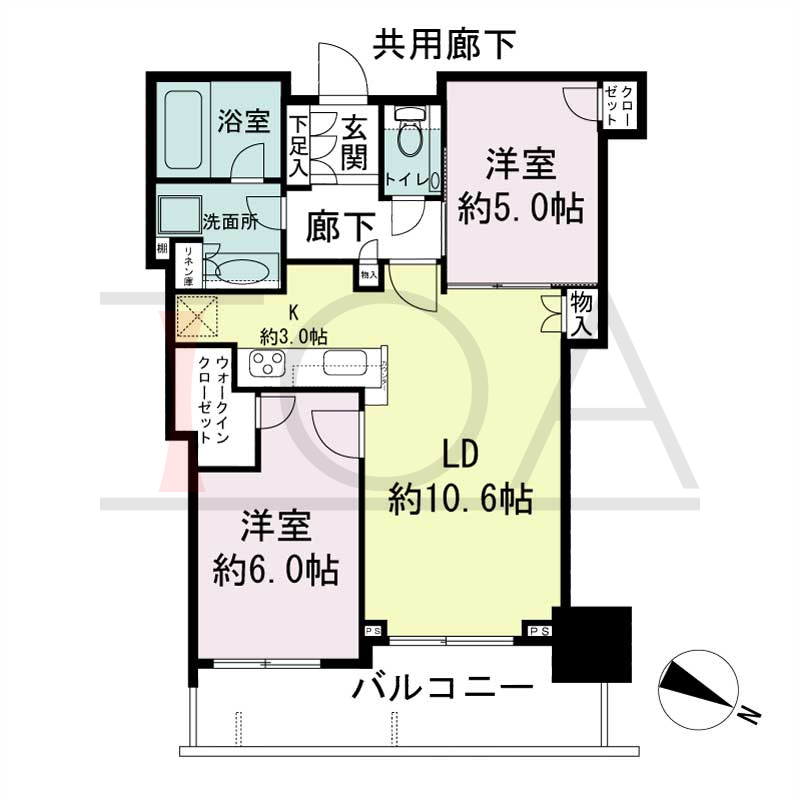 シティタワー神戸三宮の間取り図 東向き住戸
2LDK+WIC 専有面積56.48m2
バルコニー面積9.98m2