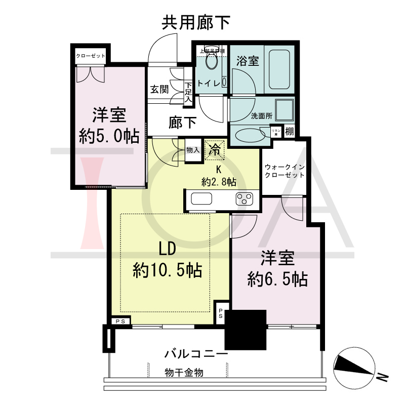 シティタワー神戸三宮の間取り図 東向き住戸
2LDK+WIC 専有面積57.06m2
バルコニー面積11.31m2
