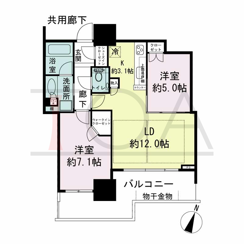 シティタワー神戸三宮の間取り図 南向き住戸
2LDK+WIC+SIC
専有面積60.33m2
バルコニー面積14.10m2