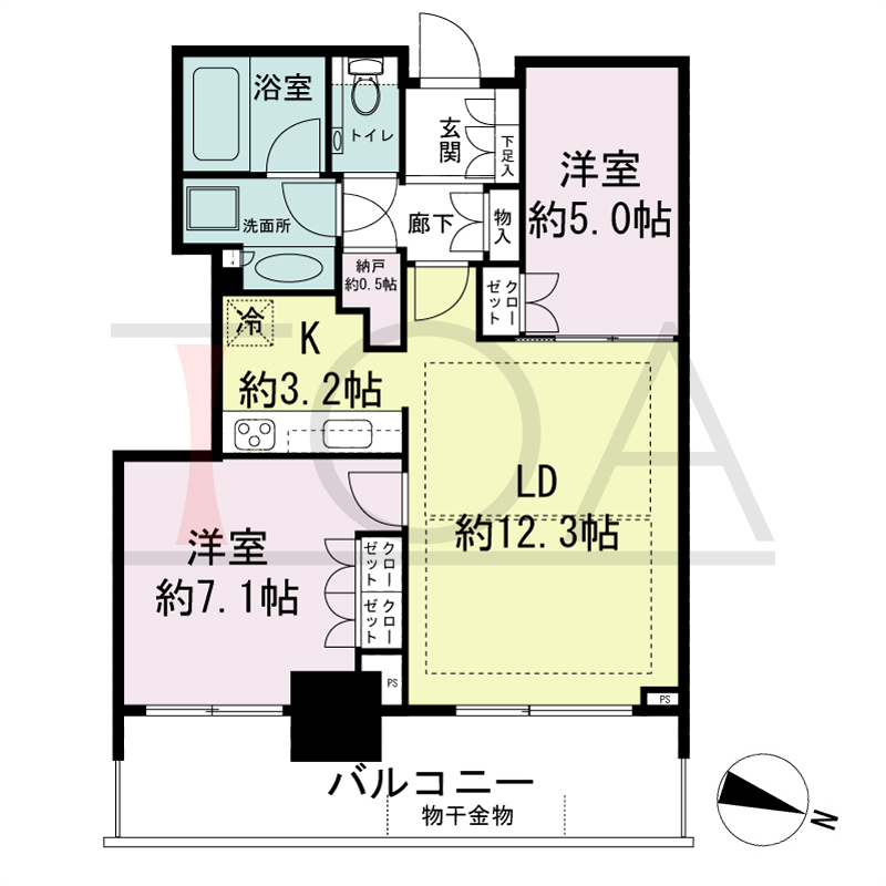 シティタワー神戸三宮の間取り図 東向き住戸
2LDK+N 専有面積60.93m2
バルコニー面積13.18m2