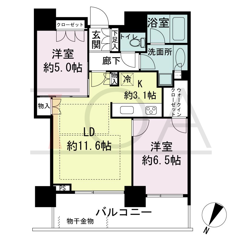 シティタワー神戸三宮の間取り図 北向き住戸
2LDK+WIC 専有面積61.24m2
バルコニー面積11.22m2