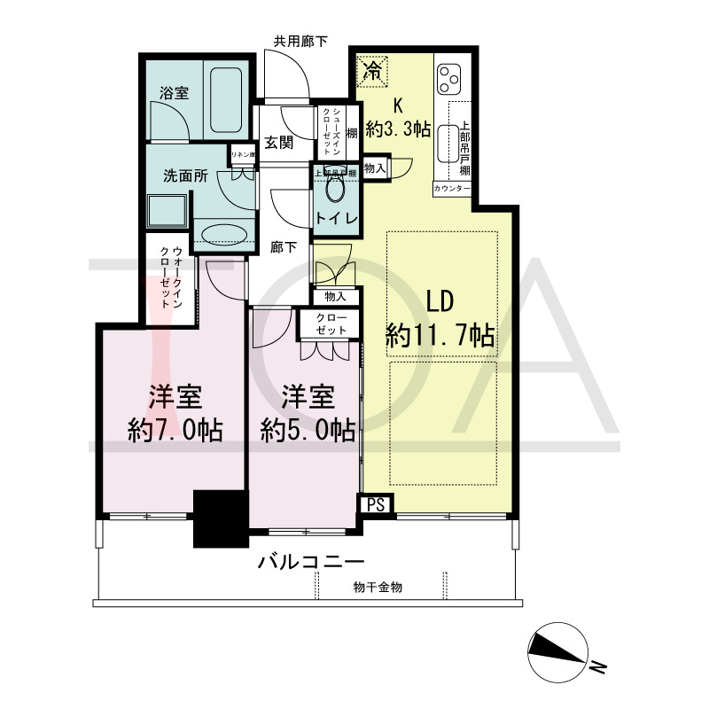 シティタワー神戸三宮の間取り図 東向き住戸
2LDK+WIC+SIC
専有面積61.70m2
バルコニー面積12.25m2