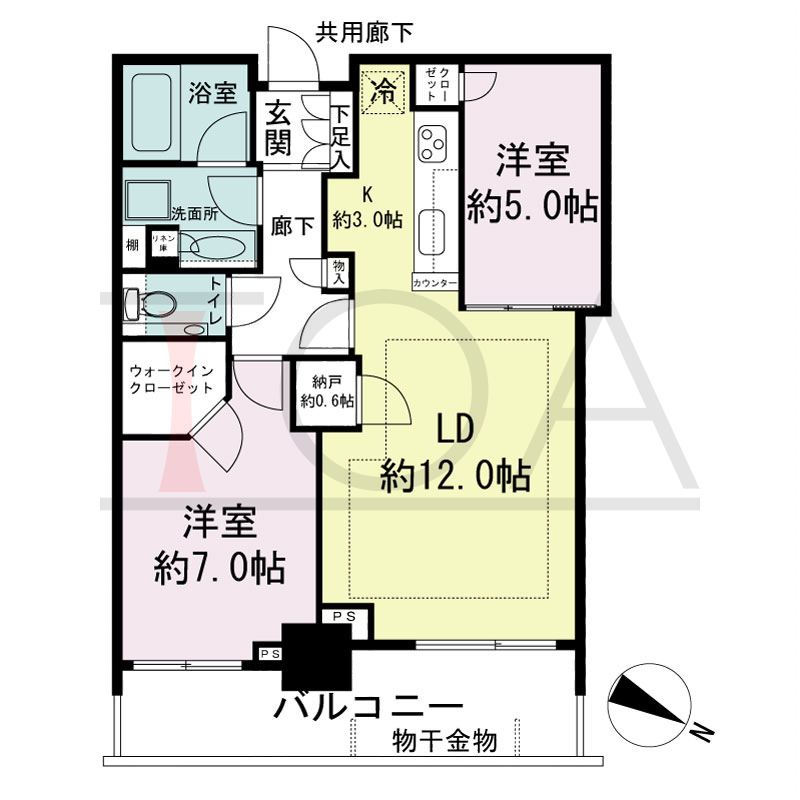 シティタワー神戸三宮の間取り図 東向き住戸
2LDK+N+WIC
専有面積61.89m2
バルコニー面積11.03m2