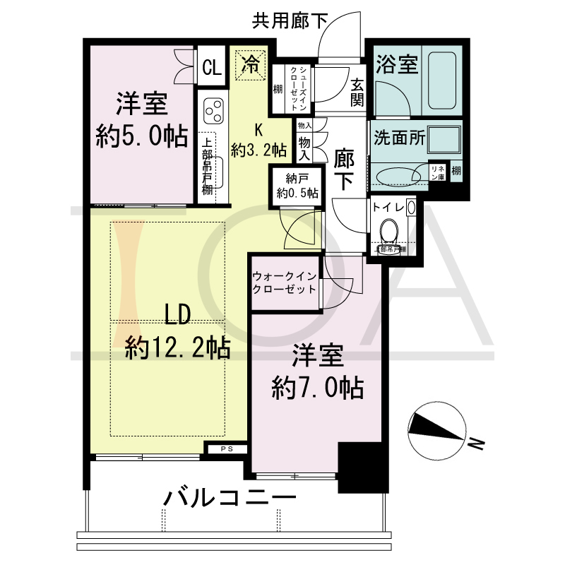シティタワー神戸三宮の間取り図 東向き住戸
2LDK+N+WIC+SIC
専有面積62.13m2
バルコニー面積9.76m2