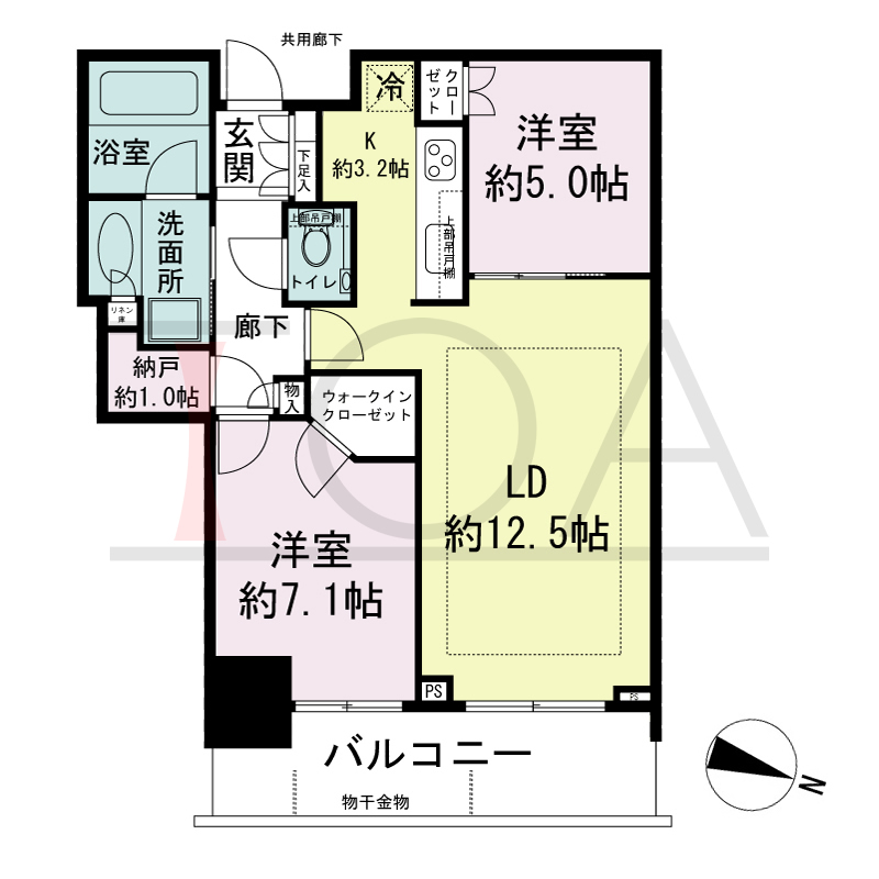 シティタワー神戸三宮の間取り図 東向き住戸
2LDK+N+WIC
専有面積62.63m2
バルコニー面積9.02m2