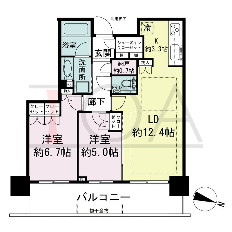 シティタワー神戸三宮の間取り図 東向き住戸
2LDK+N+SIC
専有面積63.09m2
バルコニー面積14.35m2