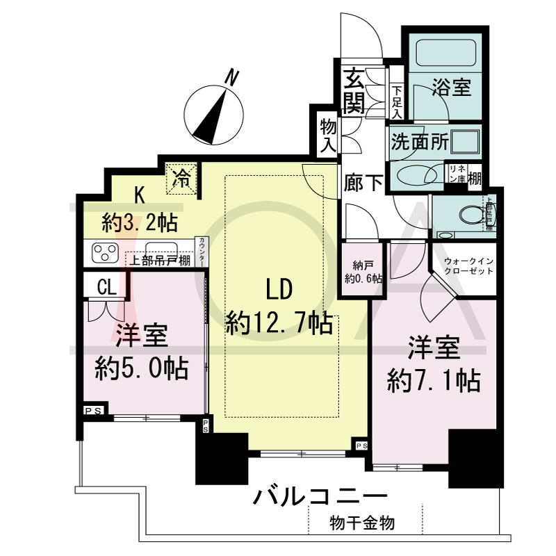 シティタワー神戸三宮の間取り図 南向き住戸
2LDK+N+WIC
専有面積63.32m2
バルコニー面積15.37m2