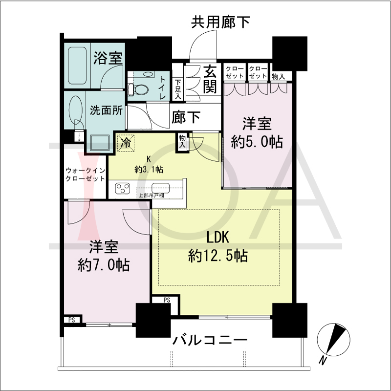 シティタワー神戸三宮の間取り図 北向き住戸
2LDK+WIC 専有面積63.35m2
バルコニー面積12.24m2