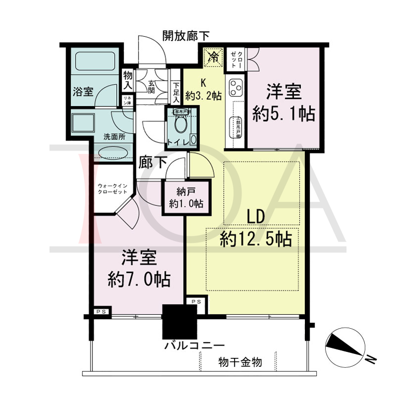 シティタワー神戸三宮の間取り図 東向き住戸
2LDK+N+WIC
専有面積63.39m2
バルコニー面積12.05m2