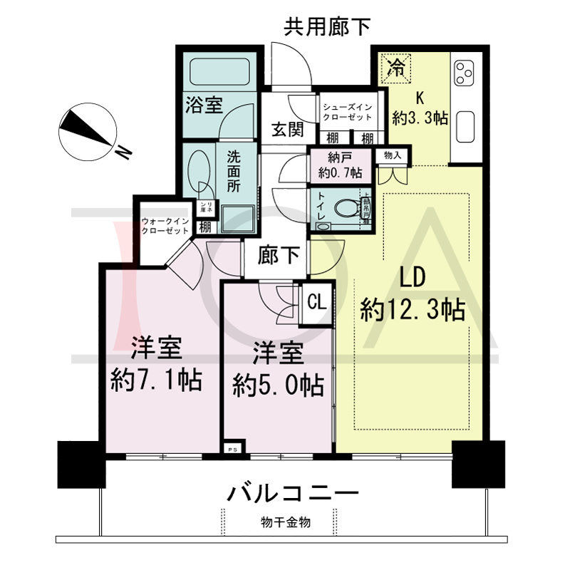 シティタワー神戸三宮の間取り図 東向き住戸
2LDK+N+WIC+SIC
専有面積63.63m2
バルコニー面積14.28m2