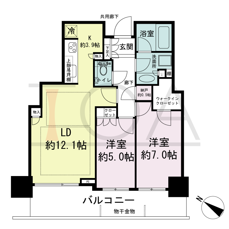 シティタワー神戸三宮の間取り図 階部分
西向き住戸
2LDK+N+WIC
専有面積63.74m2
10-13階 バルコニー面積13.36m2
14-31階 バルコニー面積13.38m2