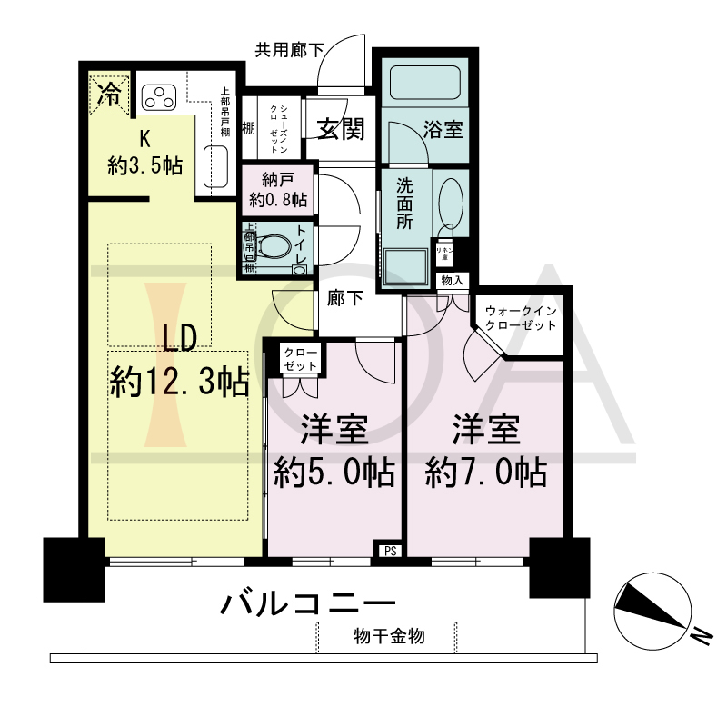 シティタワー神戸三宮の間取り図 東向き住戸
2LDK+N+WIC+SIC
専有面積63.97m2
バルコニー面積14.87m2