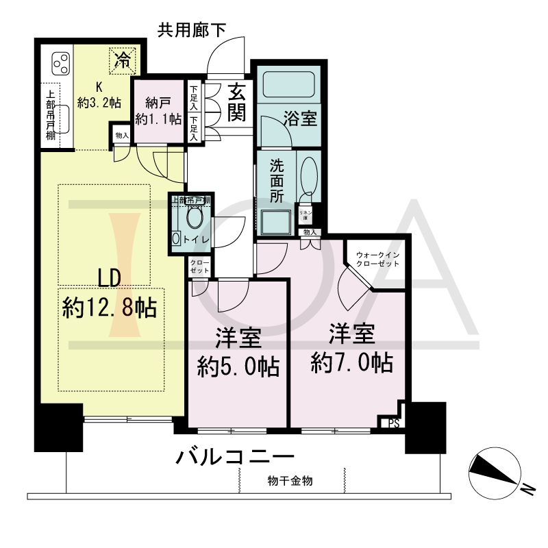 シティタワー神戸三宮の間取り図 東向き住戸
2LDK+N+WIC
専有面積64.07m2
バルコニー面積13.52m2