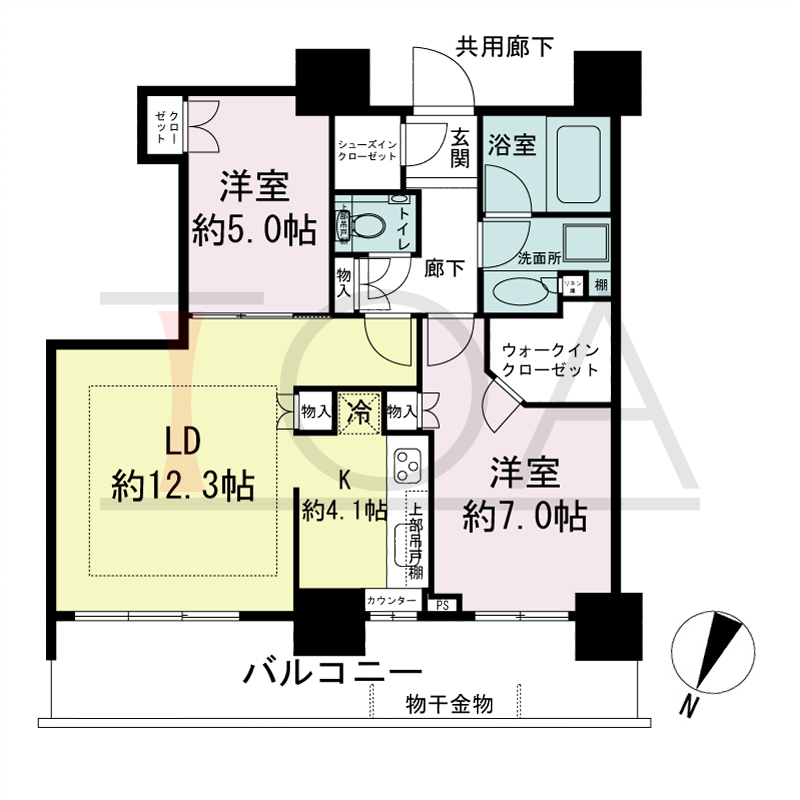 シティタワー神戸三宮の間取り図 北向き住戸
2LDK+WIC+SIC
専有面積64.73m2
バルコニー面積15.95m2