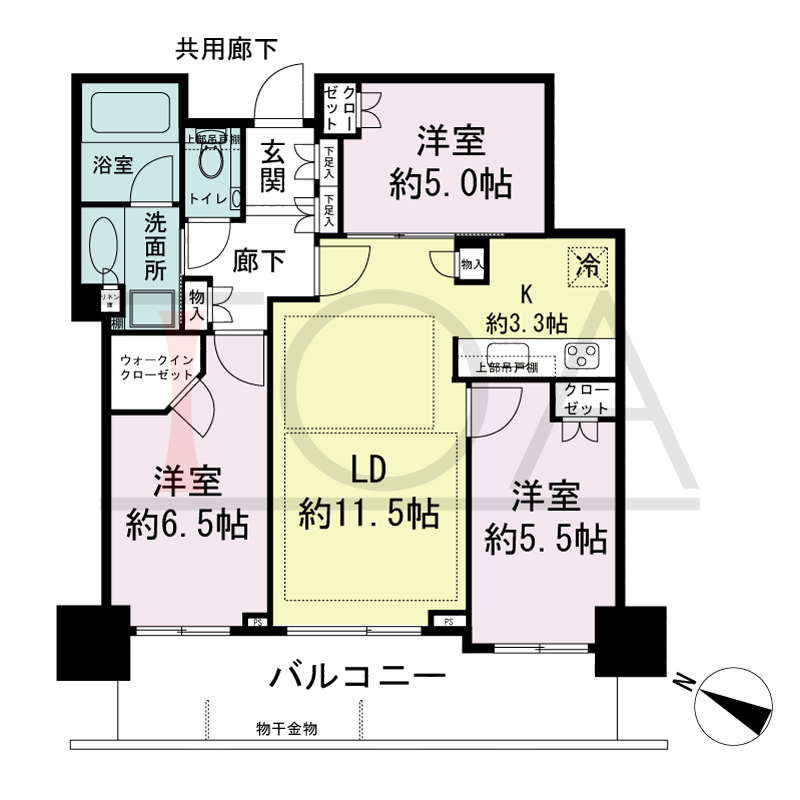 シティタワー神戸三宮の間取り図 西向き住戸
3LDK+WIC 専有面積69.25m2
バルコニー面積13.07m2