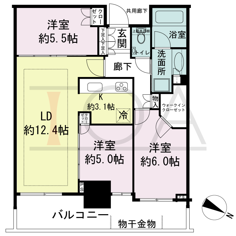 シティタワー神戸三宮の間取り図 東向き住戸
3LDK+WIC 専有面積69.45m2
バルコニー面積12.92m2