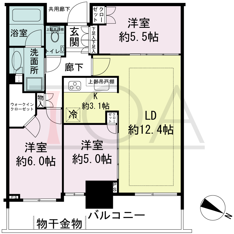 シティタワー神戸三宮の間取り図 東向き住戸
3LDK+WIC 専有面積69.45m2
バルコニー面積12.92m2