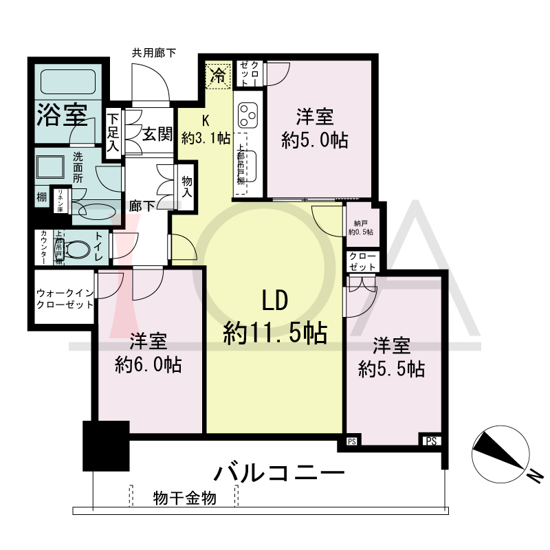 シティタワー神戸三宮の間取り図 東向き住戸
3LDK+N+WIC
専有面積69.66m2
バルコニー面積13.45m2