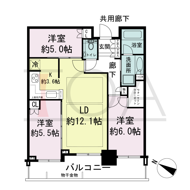 シティタワー神戸三宮の間取り図 西向き住戸
3LDK+WIC 専有面積70.01m2
バルコニー面積12.61m2