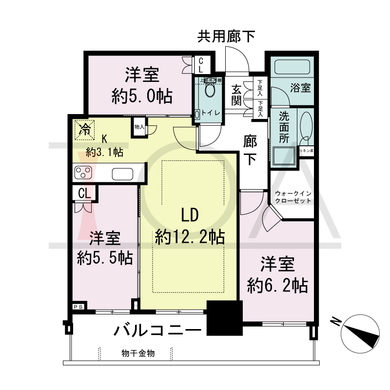 シティタワー神戸三宮の間取り図 西向き住戸
3LDK+WIC 専有面積70.08m2
バルコニー面積12.99m2