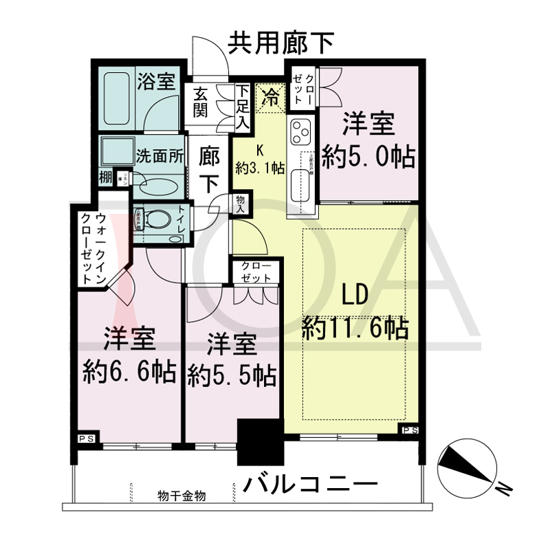 シティタワー神戸三宮の間取り図 東向き住戸
3LDK+WIC 専有面積70.11m2
バルコニー面積13.03m2