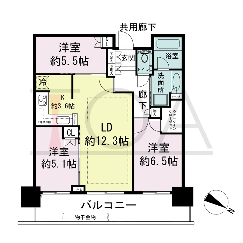 シティタワー神戸三宮の間取り図 東向き住戸
3LDK+WIC 専有面積71.19m2
バルコニー面積14.87m2