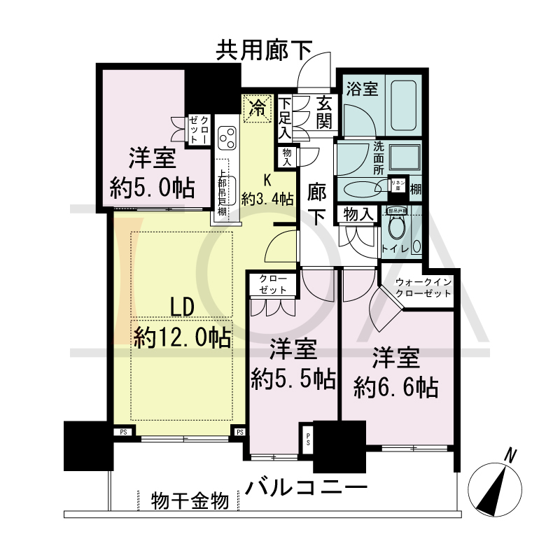 シティタワー神戸三宮の間取り図 南向き住戸
3LDK+WIC 専有面積71.78m2
バルコニー面積13.82m2