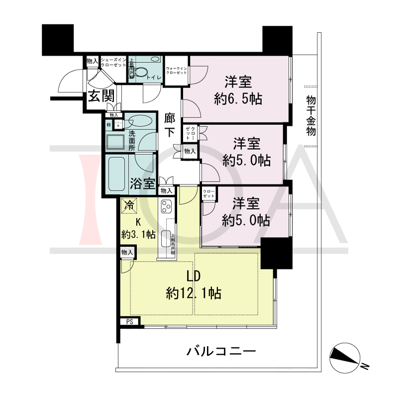 シティタワー神戸三宮の間取り図 北東角住戸
3LDK+WIC+SIC
専有面積72.01m2
バルコニー面積26.91m2
