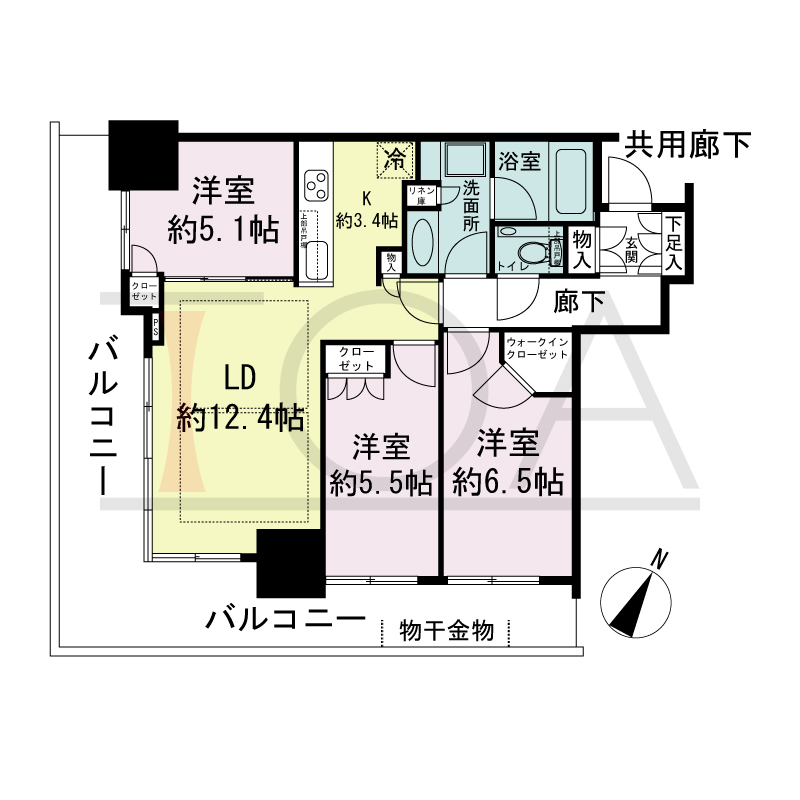シティタワー神戸三宮の間取り図 南西角住戸
3LDK+WIC 専有面積72.42m2
バルコニー面積27.41m2
