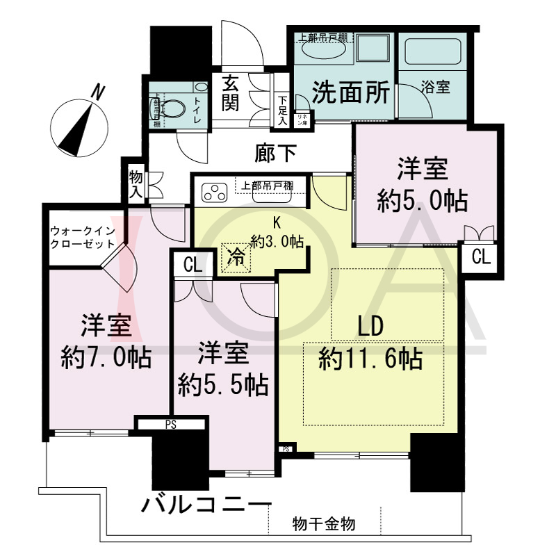 シティタワー神戸三宮の間取り図 南向き住戸
3LDK+WIC 専有面積72.67m2
バルコニー面積14.48m2