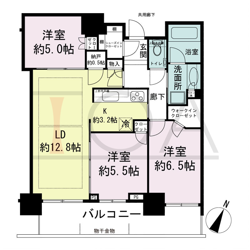 シティタワー神戸三宮の間取り図 南向き住戸
3LDK+N+WIC+SIC
専有面積73.71m2
バルコニー面積13.14m2