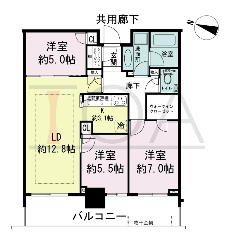 シティタワー神戸三宮の間取り図 西向き住戸
3LDK+WIC+SIC
専有面積73.77m2
バルコニー面積14.10m2