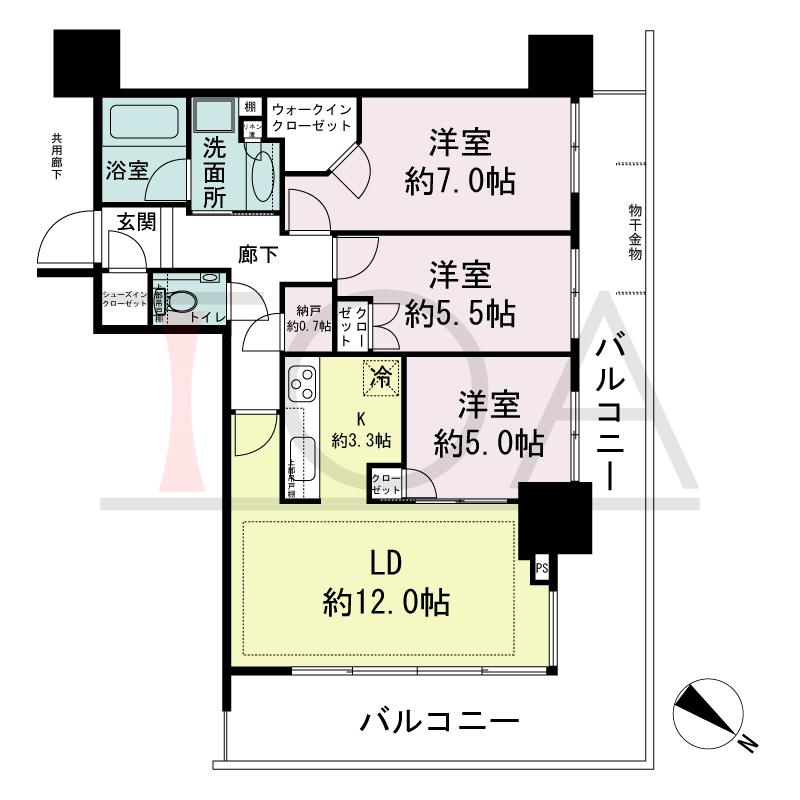 シティタワー神戸三宮の間取り図 北東角住戸
3LDK+N+WIC+SIC
専有面積74.06m2
バルコニー面積28.02m2