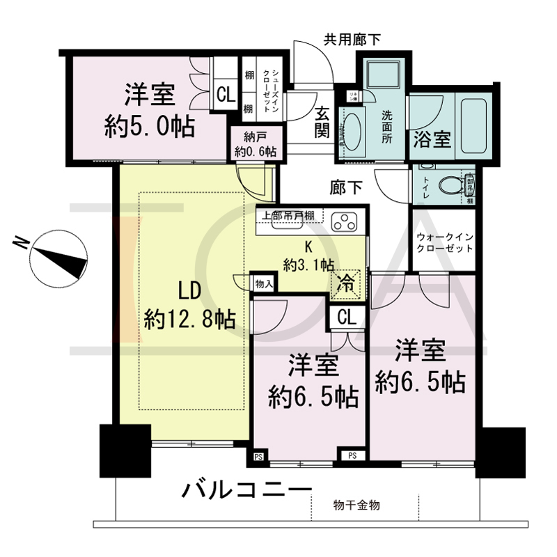 シティタワー神戸三宮の間取り図 西向き住戸
3LDK+N+WIC+SIC
専有面積74.25m2
バルコニー面積12.14m2