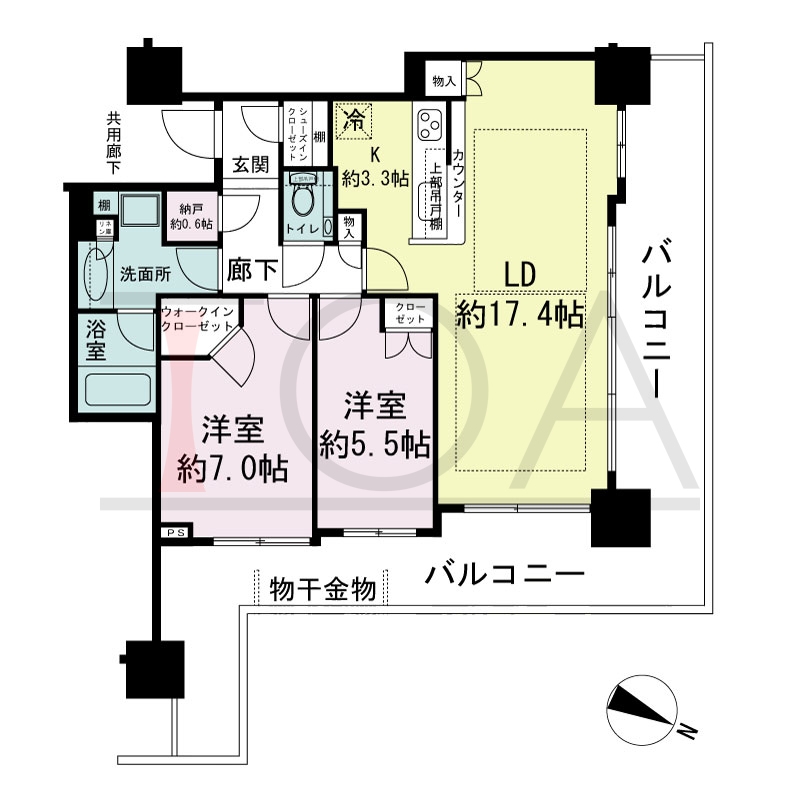 シティタワー神戸三宮の間取り図 北東角住戸
2LDK+N+WIC+SIC
専有面積74.69m2
バルコニー面積32.92m2