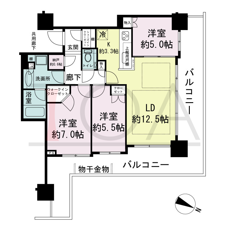 シティタワー神戸三宮の間取り図 北東角住戸
3LDK+N+WIC+SIC
専有面積74.70m2
バルコニー面積32.88m2