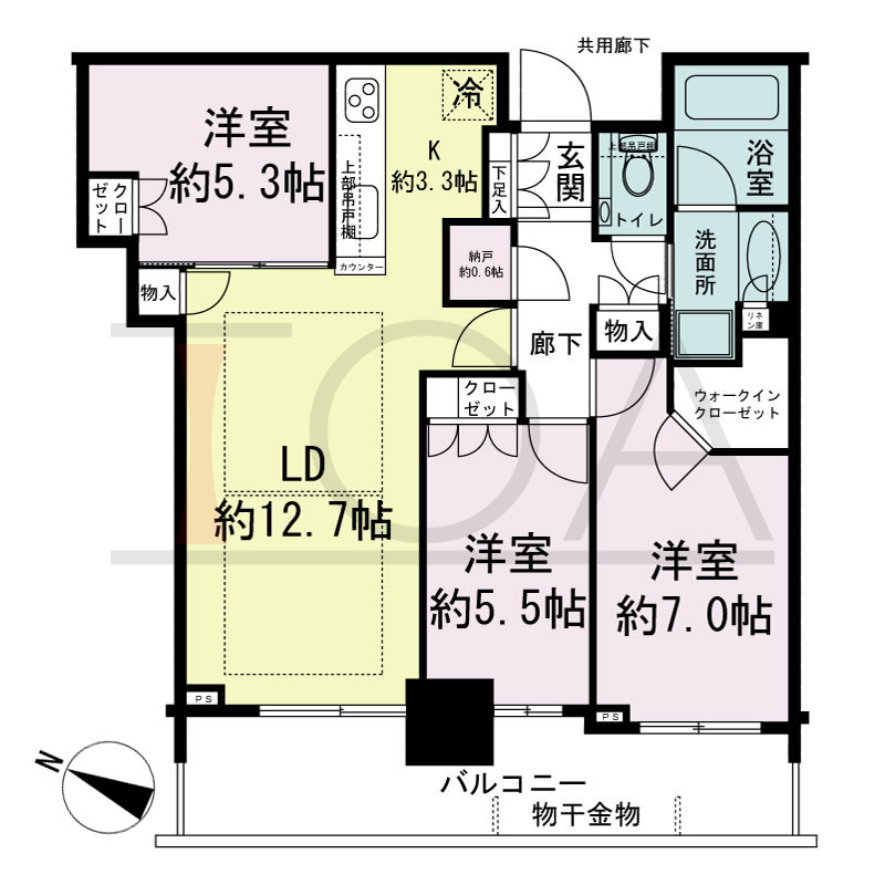 シティタワー神戸三宮の間取り図 西向き住戸
3LDK+N+WIC
専有面積74.73m2
バルコニー面積13.65m2