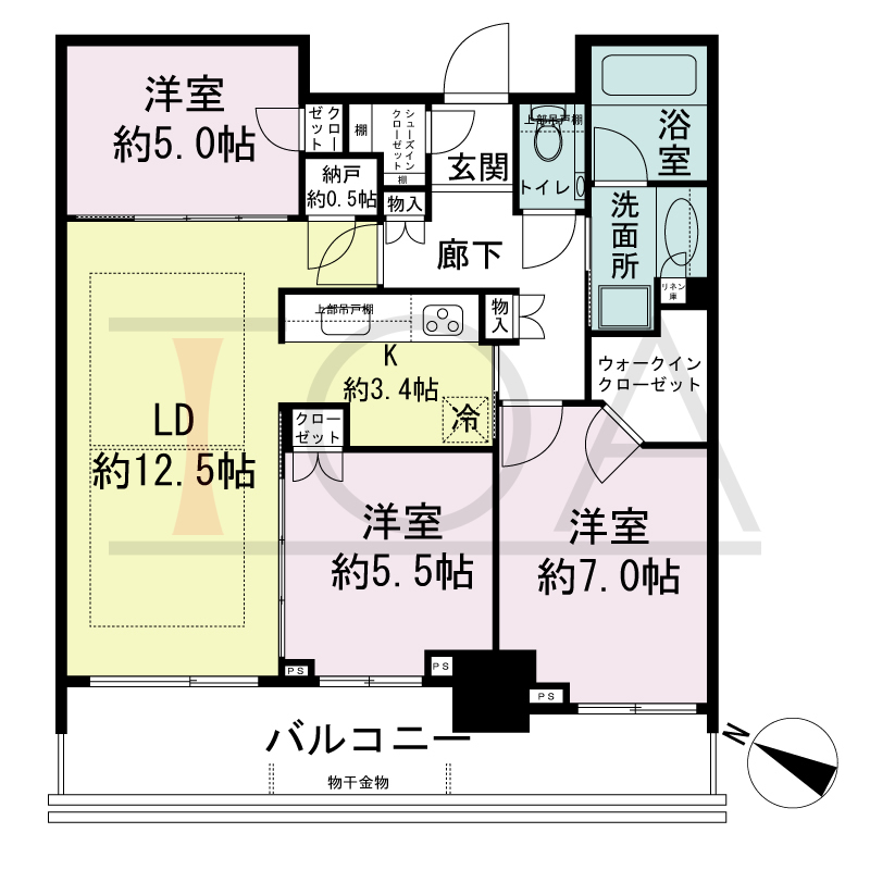 シティタワー神戸三宮の間取り図 西向き住戸
3LDK+N+WIC+SIC
専有面積75.06m2
バルコニー面積14.08m2