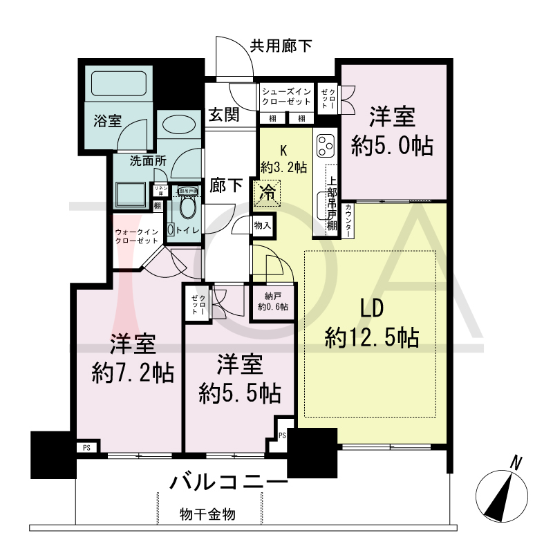 シティタワー神戸三宮の間取り図 南向き住戸
3LDK+N+WIC+SIC
専有面積75.08m2
バルコニー面積14.34m2