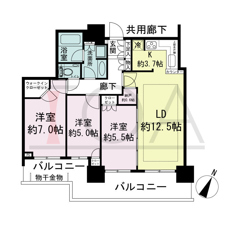 シティタワー神戸三宮の間取り図 南向き住戸
3LDK+N+WIC
専有面積75.13m2
バルコニー面積18.69m2