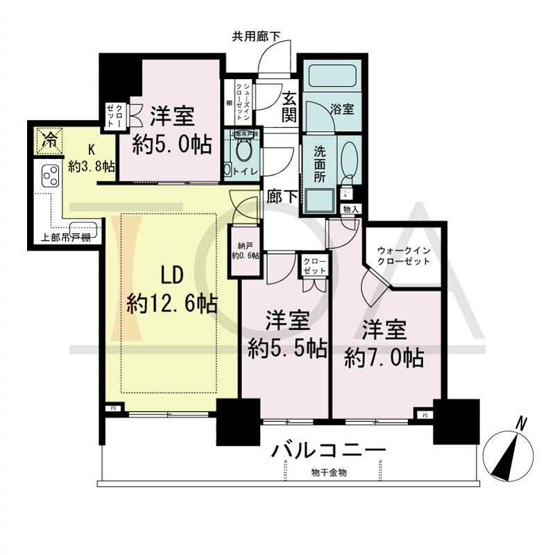 シティタワー神戸三宮の間取り図 南向き住戸
3LDK+N+WIC+SIC
専有面積75.17m2
バルコニー面積15.44m2